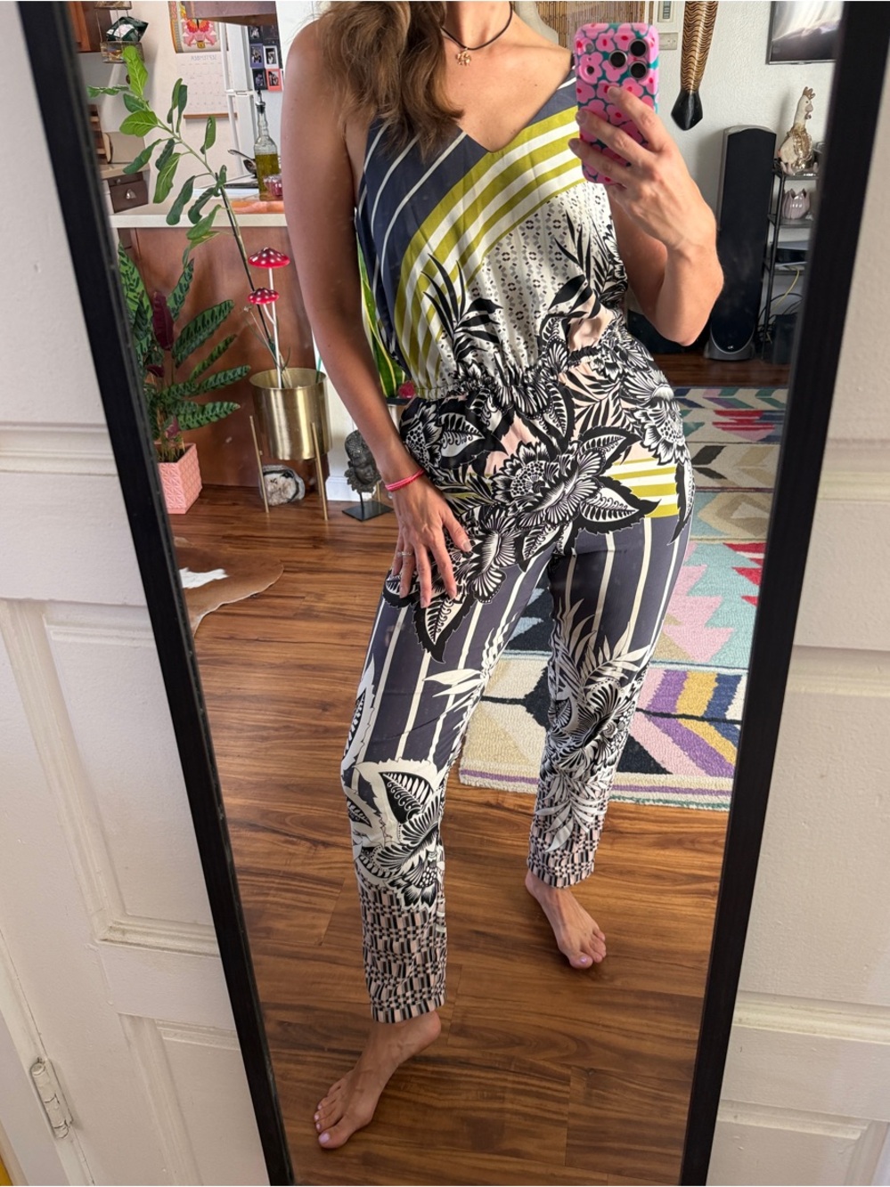 Topshop Striped & Floral V-Neck Jumpsuit in Navy and Olive
